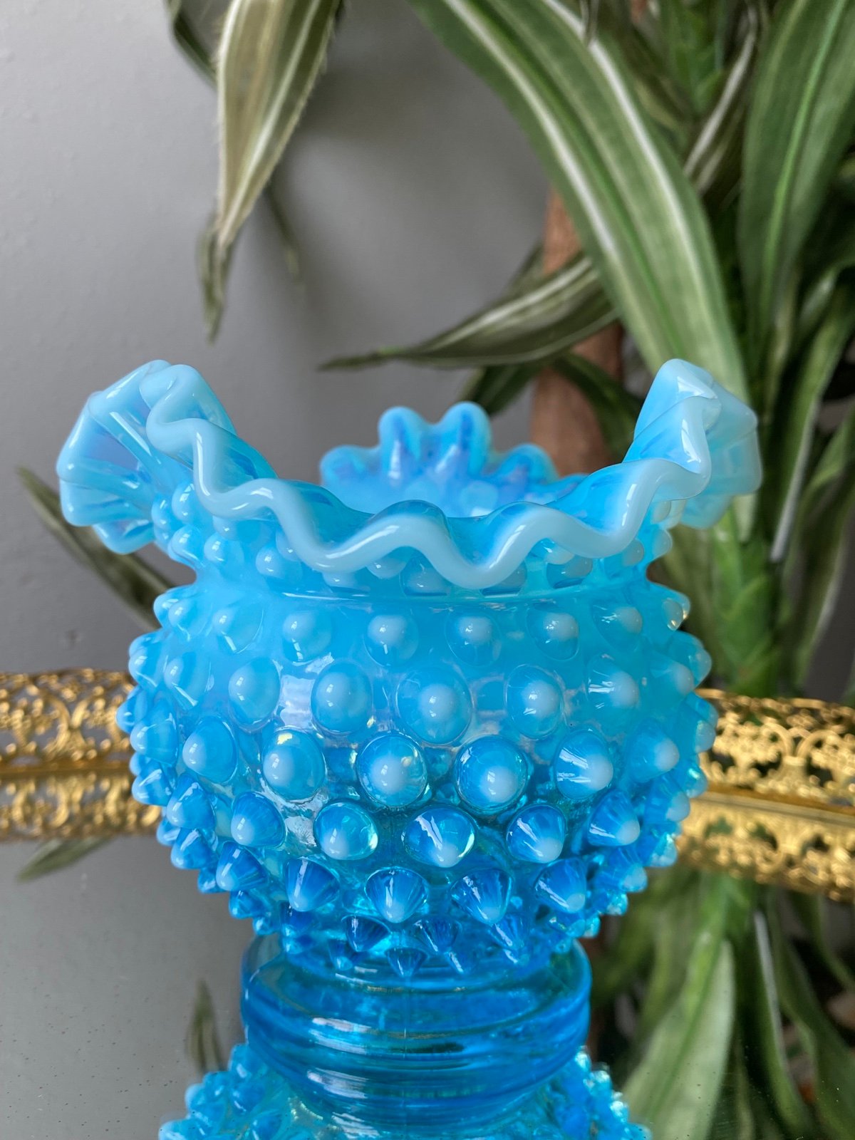 Vintage Fenton Blue Opalescent Hobnail Glass Vase with Ruffled Edge
