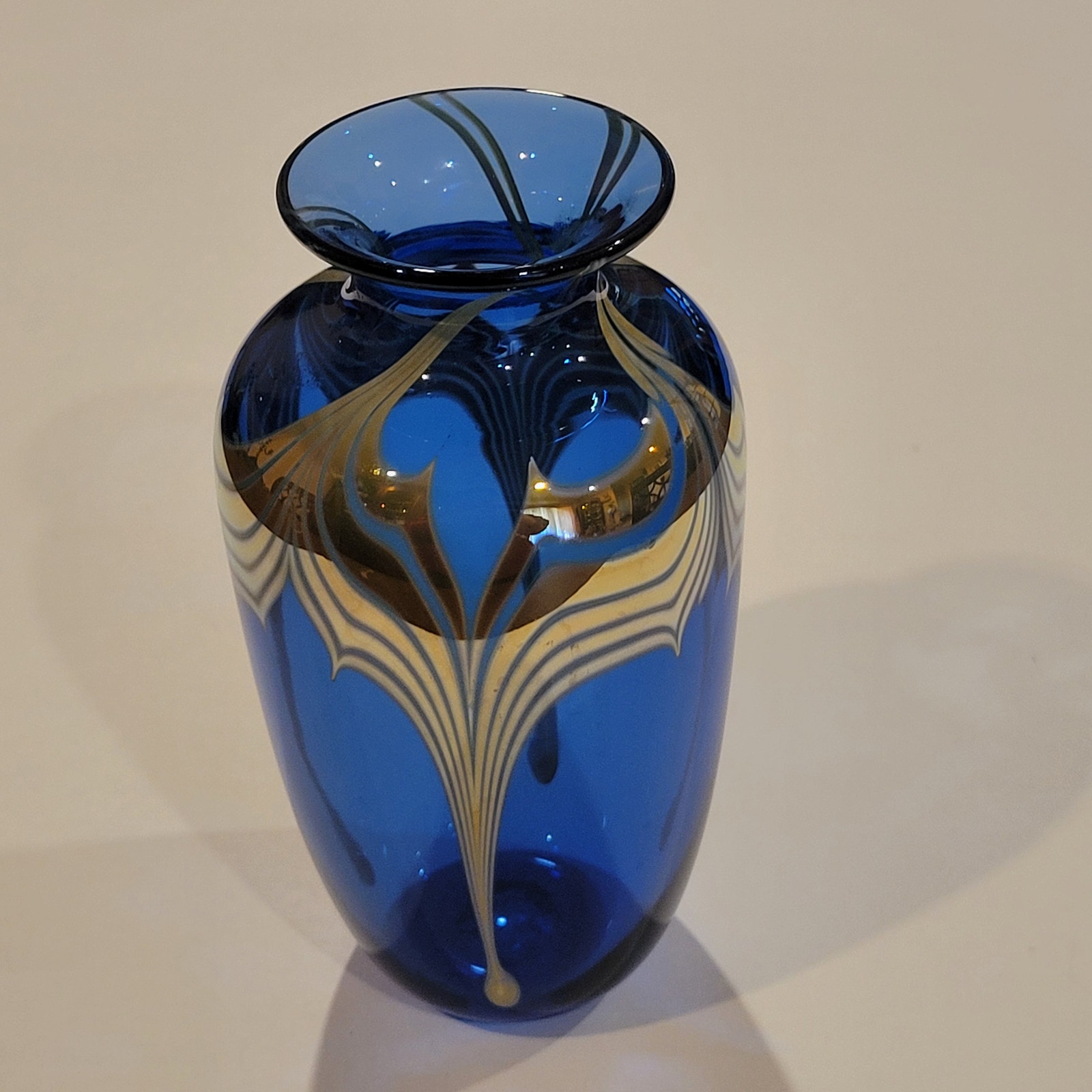 Vintage Donald Carlson Studio Art Glass Vase Cobalt Blue Gold 7 tall