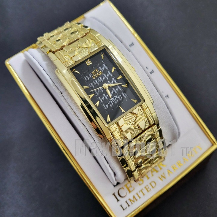 Men Luxury Lab Diamond Gold Finish Black Dial Nugget Pattern Wrist Metal Watch