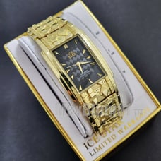 Men Luxury Lab Diamond Gold Finish Black Dial Nugget Pattern Wrist Metal Watch
