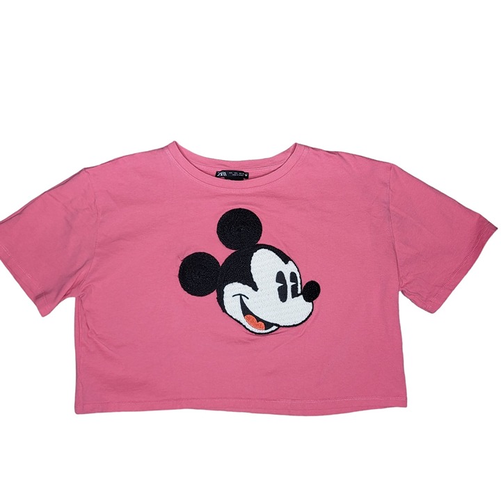 Zara Disney Women's Pink Cropped T-Shirt With Mickey Mouse Embroidery Sz Medium