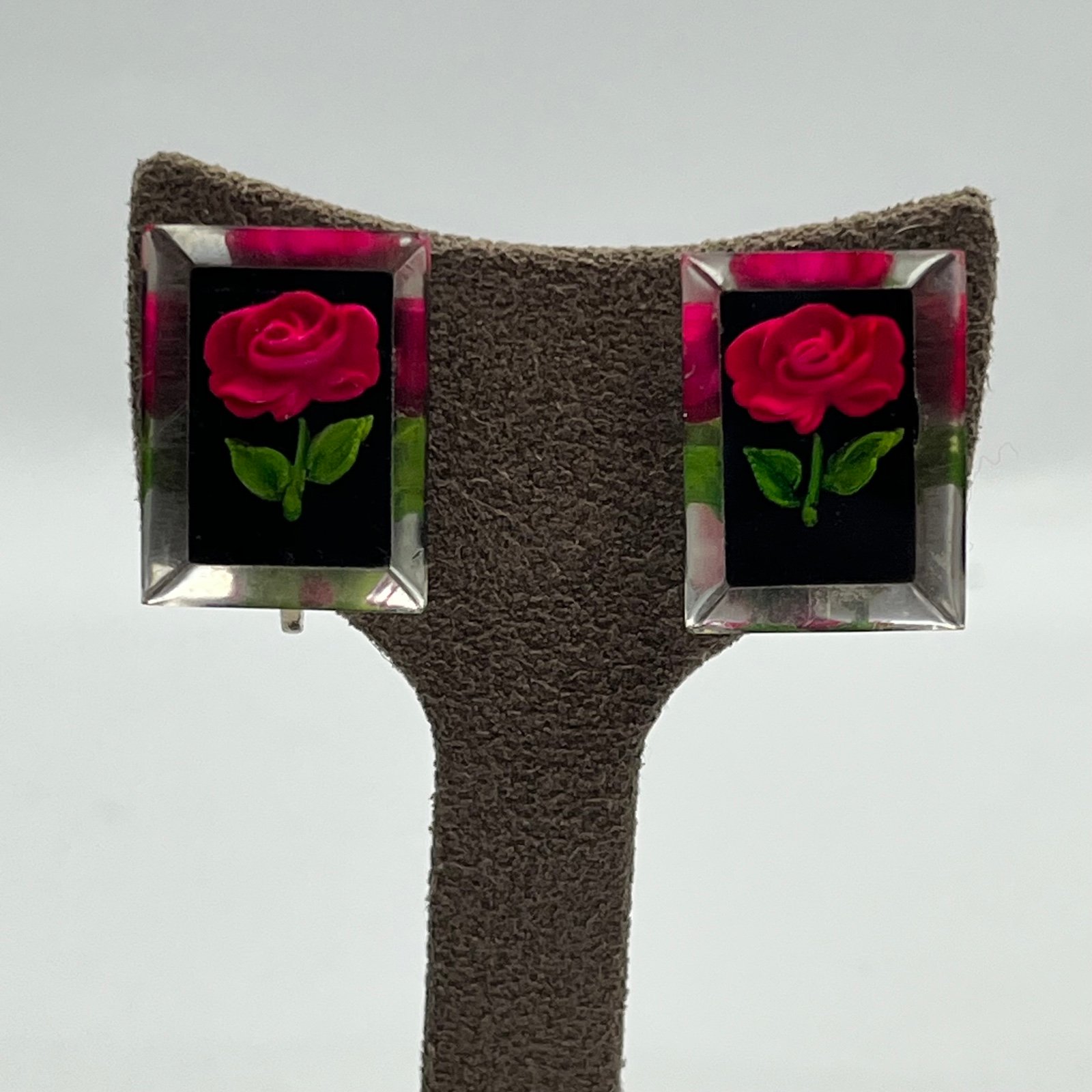 Reverse carved lucite screw back earrings
