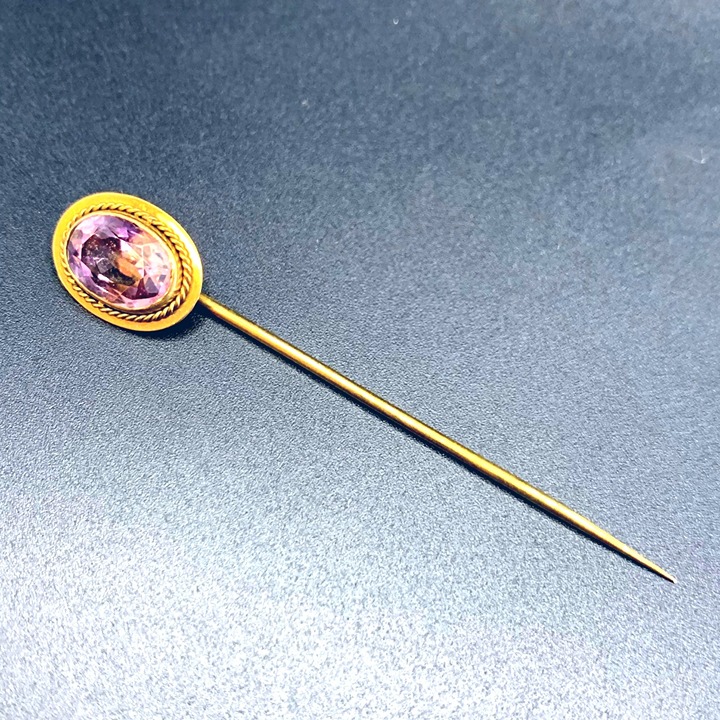14K Yellow Gold Antique 2.5CT Bezel Set Amethyst Hat Pin / Stick Pin 2.65 grams