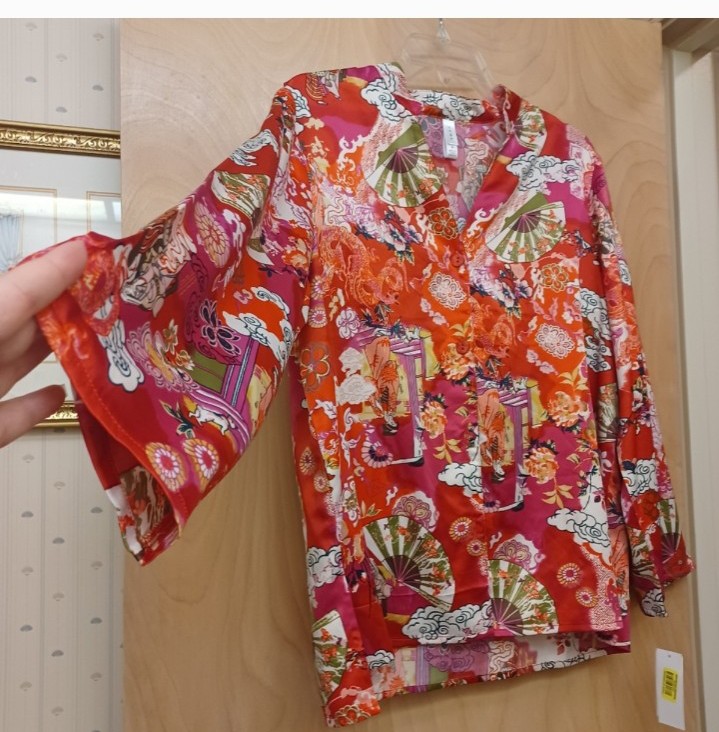 Natori Cruz Red Floral Asian Print Silky Pajama Top Sz M New Tags