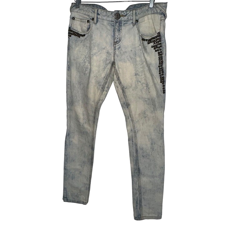 Free People Womens Acid Wash Slim Skinny Jeans Sz 30 Brass Studs Rock Rave Punk