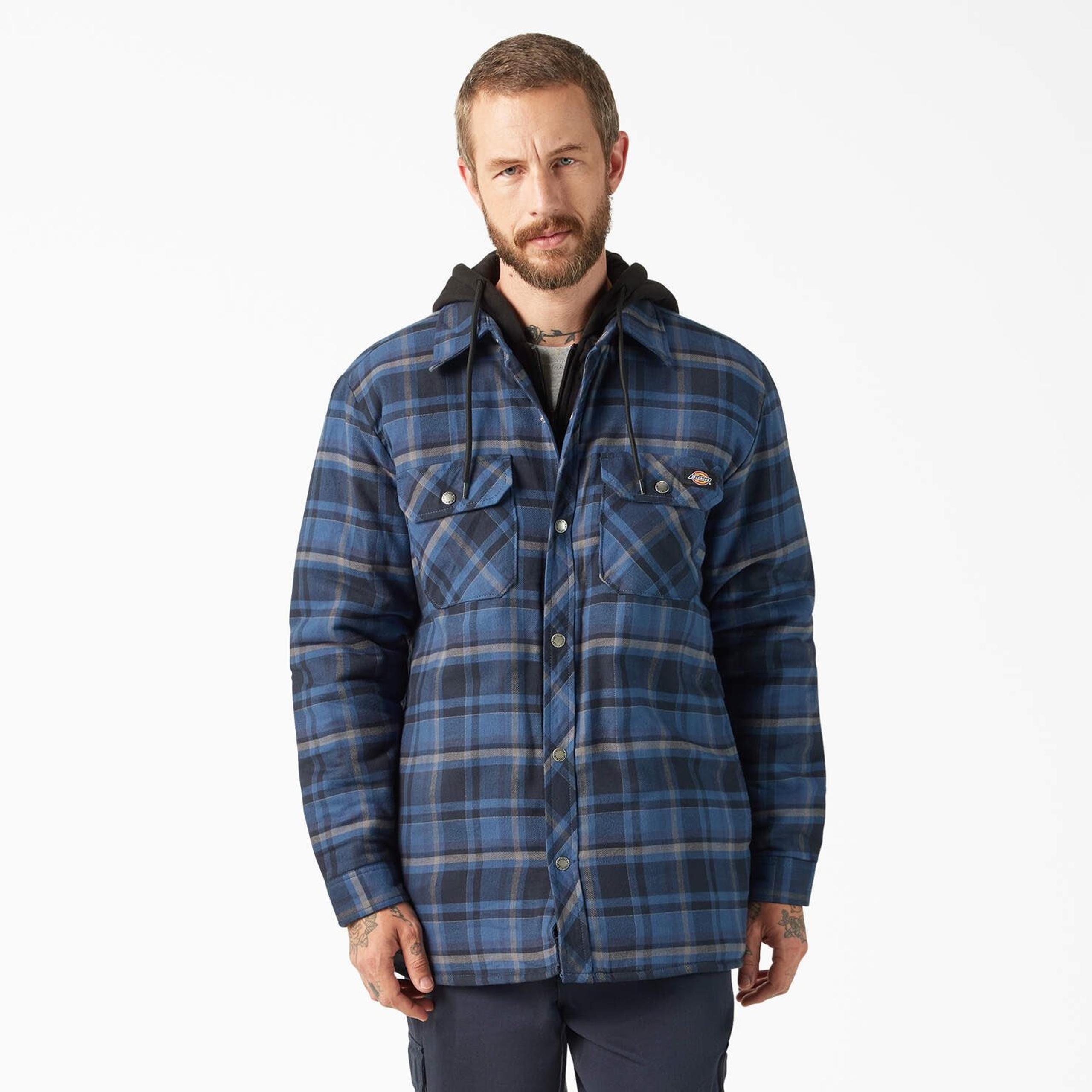 Dickies Mens XXL Blue Plaid Hood Flannel Shirt Jacket Shacket Workwear Lined