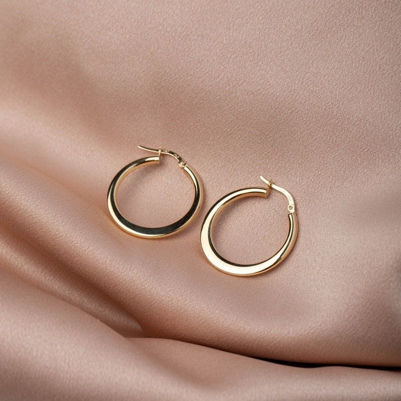 14K Yellow Gold Tiny Flat Hoop Earrings, 20mm