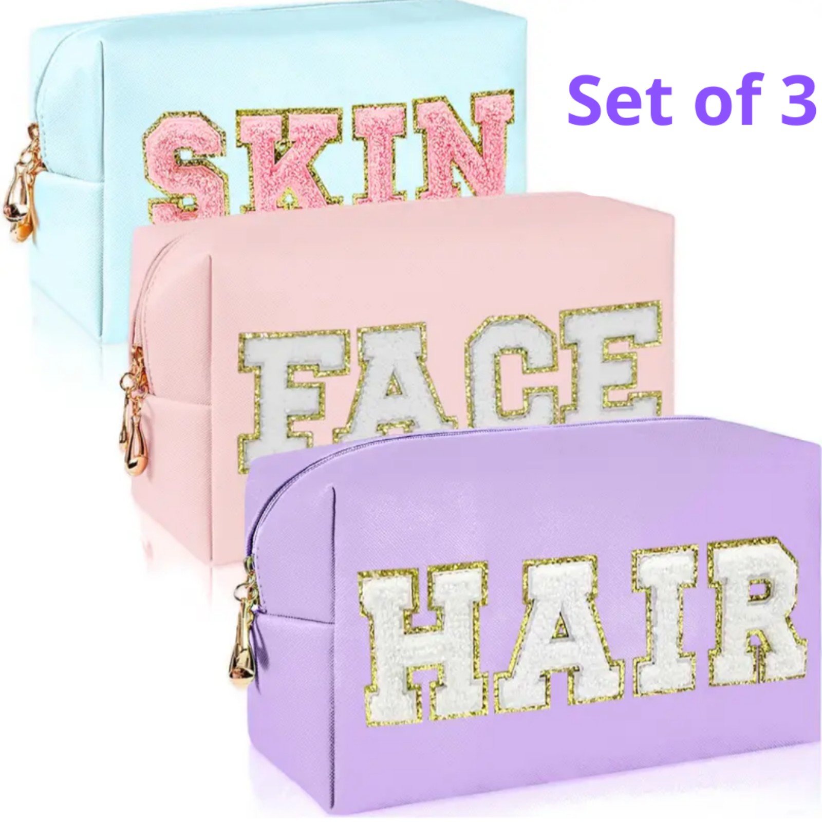 Leather Waterproof Letter Cosmetic Bag Skin, Hair And Face, 3 pcs. NEW