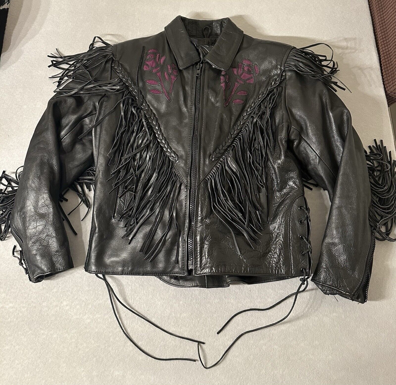 UNIK Black Purple Flowers Leather Motorcycle Jacket Women's LARGE Fringe Biker