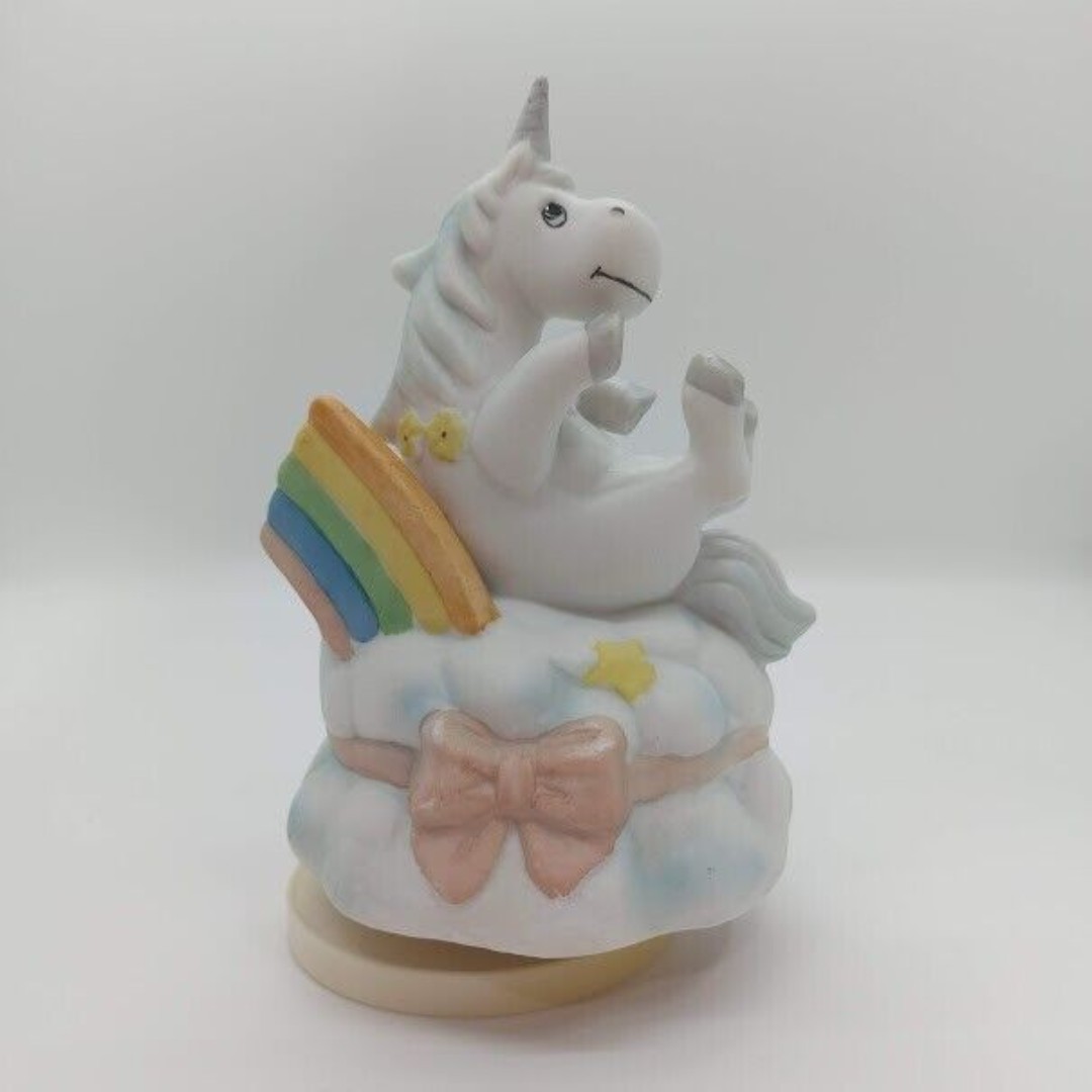 Vintage Porcelain Cute Unicorn On Cloud With Rainbow Rotating Music Box 1980's