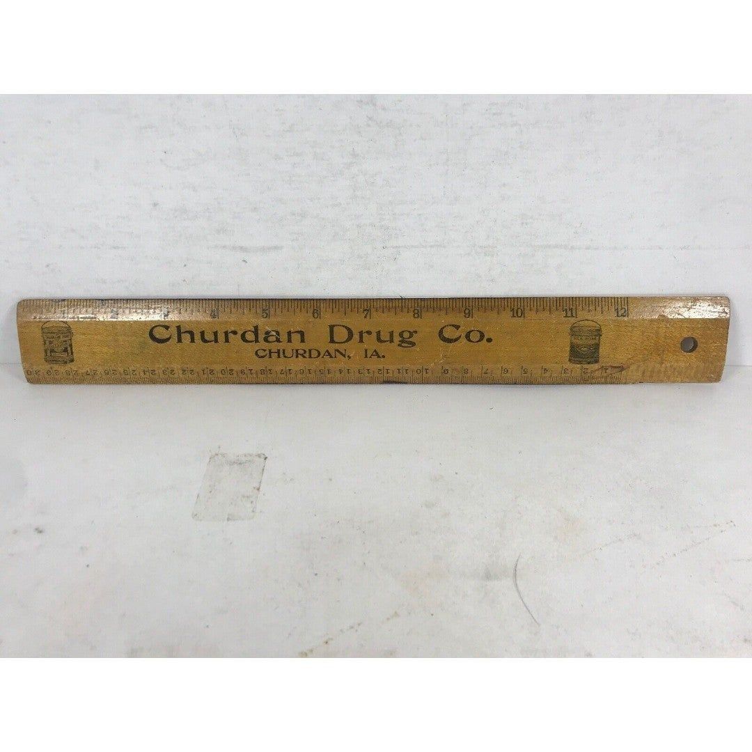 VTG Wood Ruler Churdan Drug Co Iowa Fullerton Silk Tone Paint Advertising IA