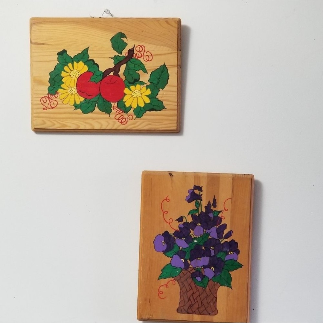 Vintage Wooden Farmh Plaques Hand Painted Set of 2