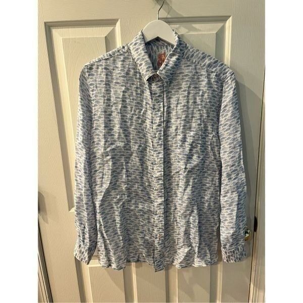 J. McLaughlin Mens Linen White & Blue Fish Print Linen Button Down Shirt sz M NW
