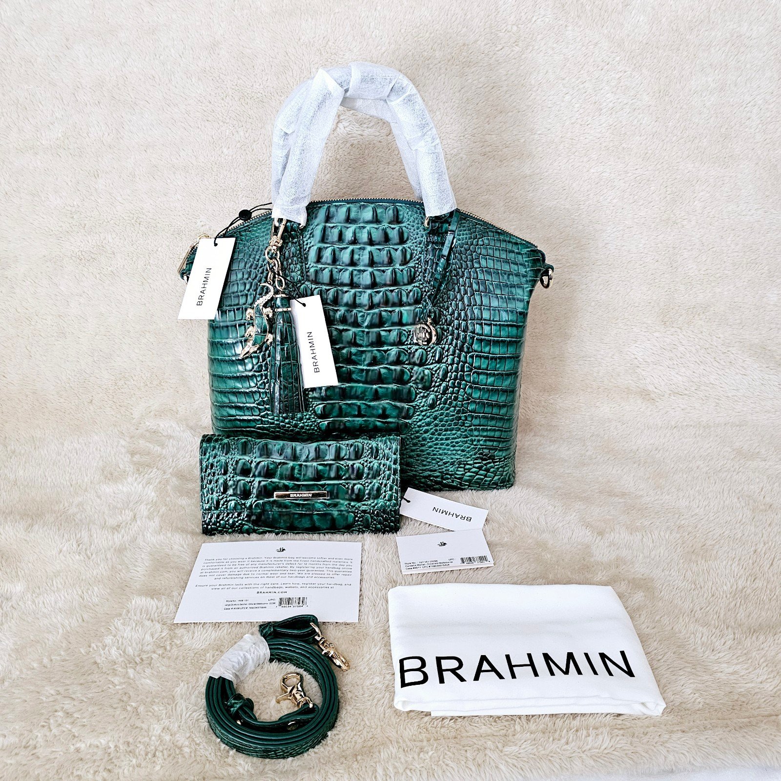 NWT Brahmin EMERALD Large Duxbury Satchel, Cordelia Wallet, & Croc Tassel