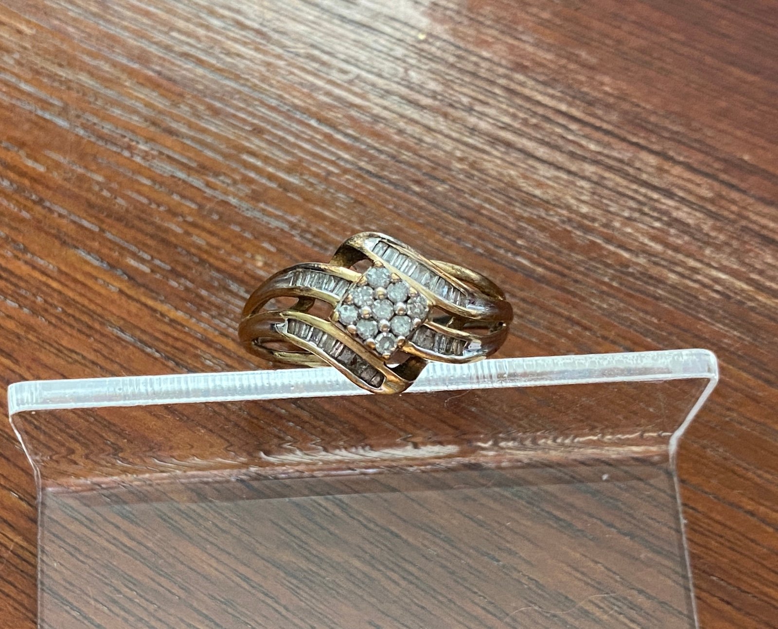 10k Yellow Gold Baguette Round Pave Diamond Ring Sz 6.75 - 7 Signed SUN