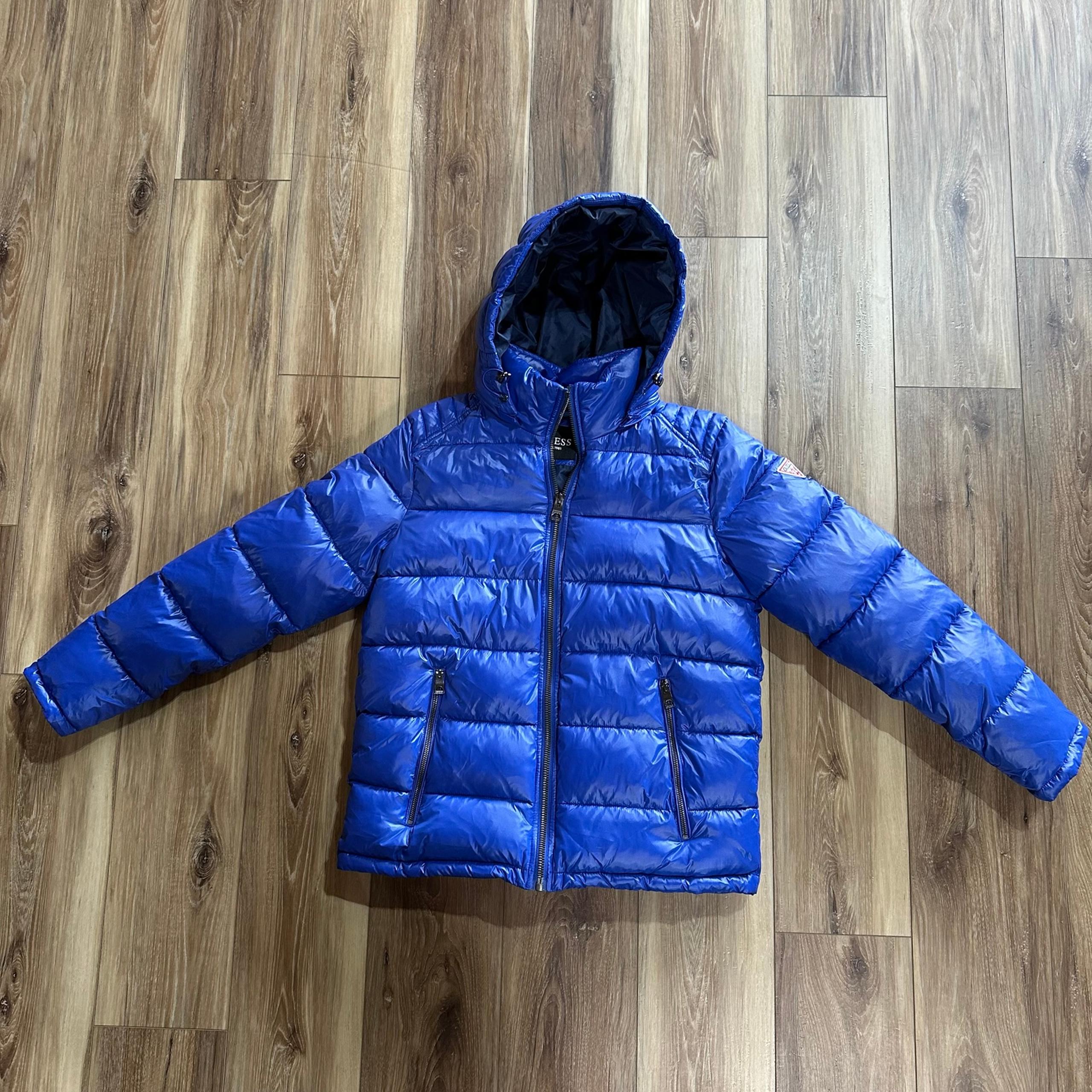 Guess Hooded Puffer Jacket Insulated Winter Parka Coat, Blue, Medium