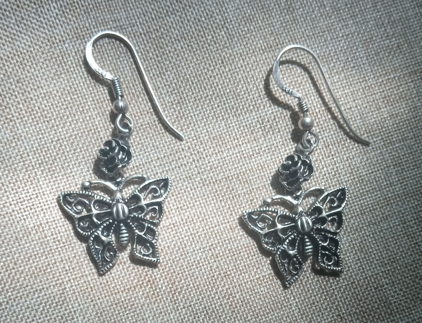 Silver 925 Marcasite Open Scroll Butterfly, Rose Vintage Dangle Earrings