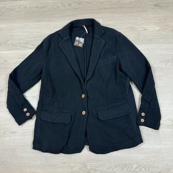 Free People Like A Cloud Oversized Slouchy Blazer Size XS Black Textured Cotton
