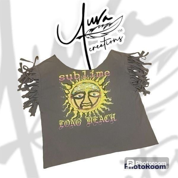 UPCYCLED Auva Creations Sublime Off the Shoulder Fringe Graphic Tee Cropped