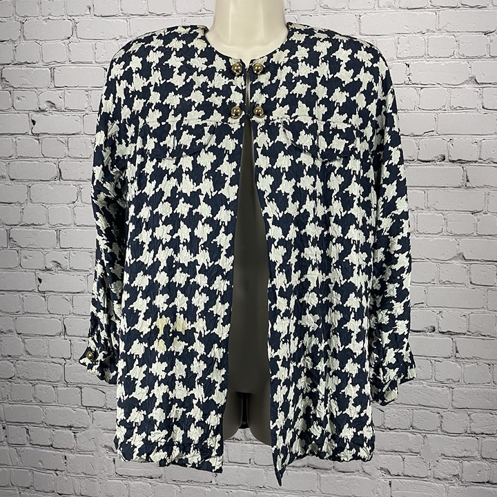 Adele Simpson Blue 100% Silk Long Sleeve Padded Blouse Top Size Large L *stained