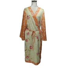 Cabernet Woman Plus Sz 1X Floral Kimono Robe Orange Green Butterfly Art To Wear