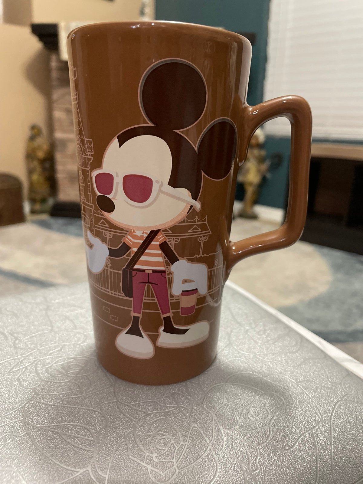 Disney Mickey’s Really Swell Coffee Mug Hipster Mickey Minnie Mouse Brown Cup 6”