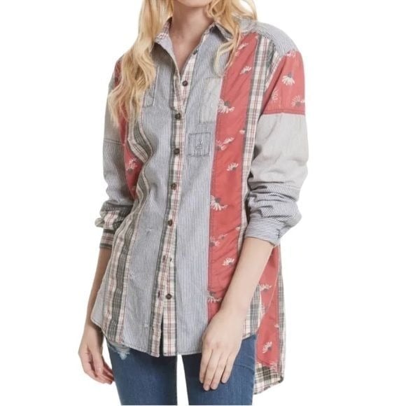 Free People All Patched Up Shirt Women's Small Striped Plaid Floral Oversized