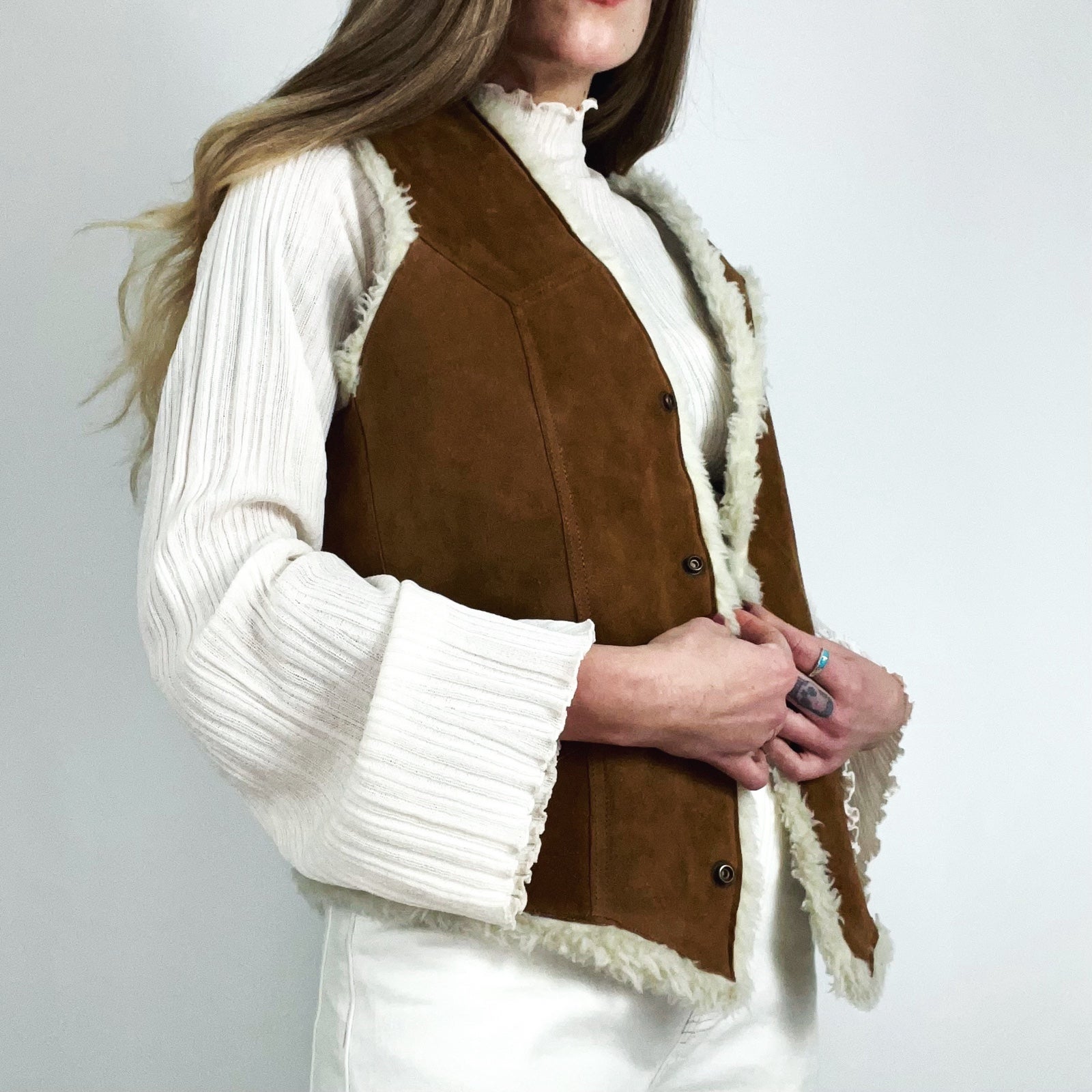 Vintage Faux-Fur Lined Suede Single-Breasted Vest | Size M