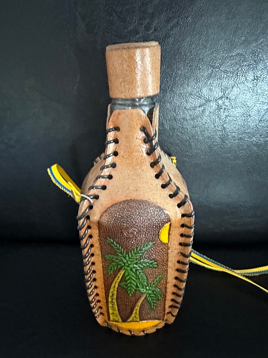 Vintage Hand-tooled, leather-covered glass decanter bottle Cartagena Colombia