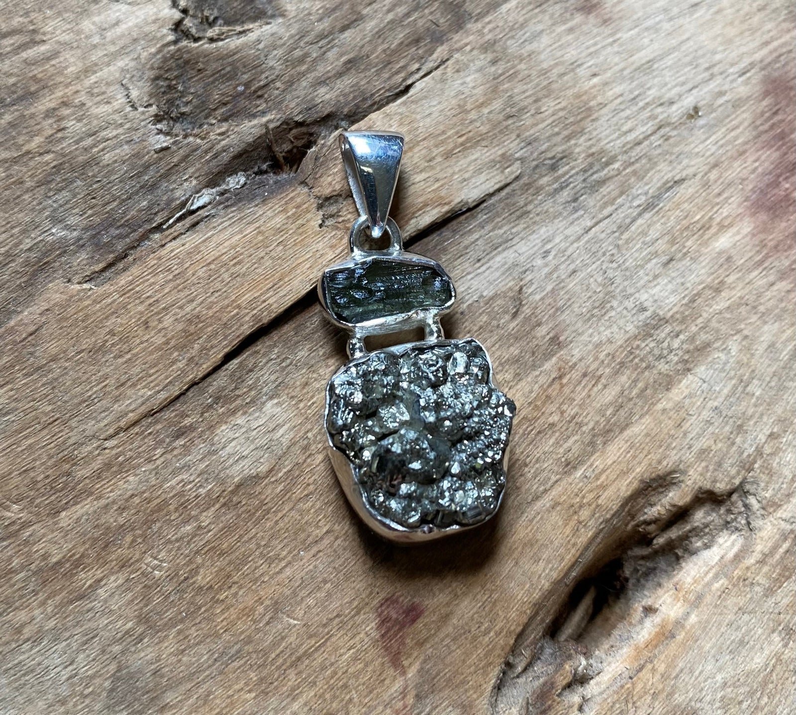 Moldavite & Peruvian pyrite in .925 sterling silver pendant