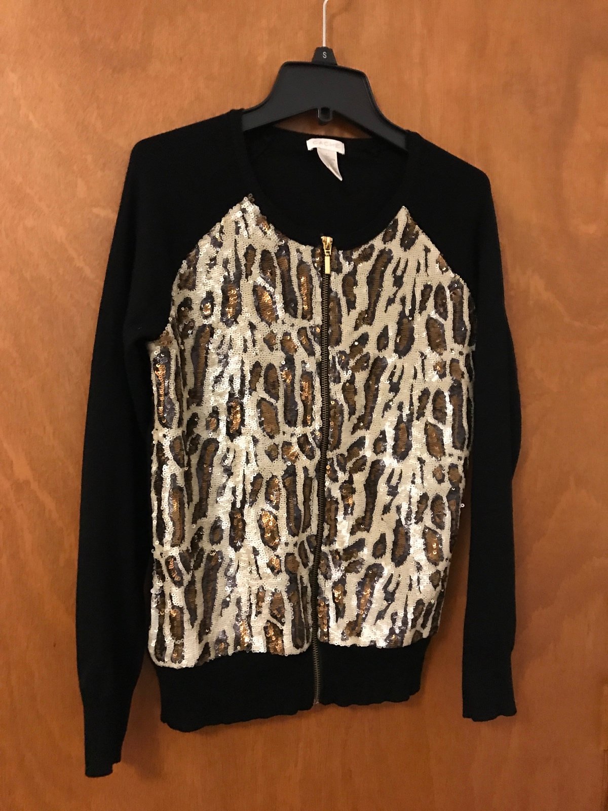 Cache sequined in leopard print black cardigan like new