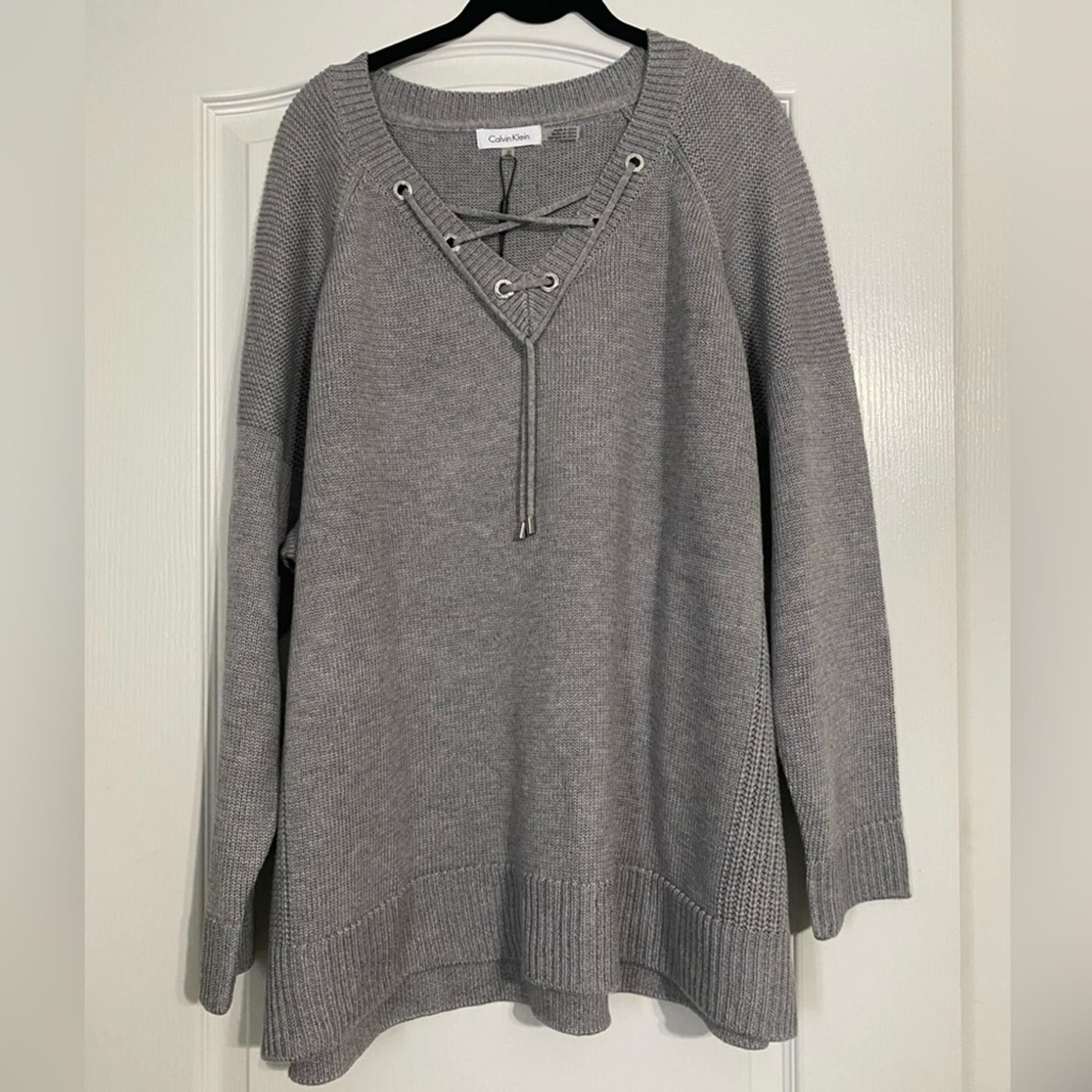 Calvin Klein V Neck Lace Up Sweater Gray Women’s Size 3X