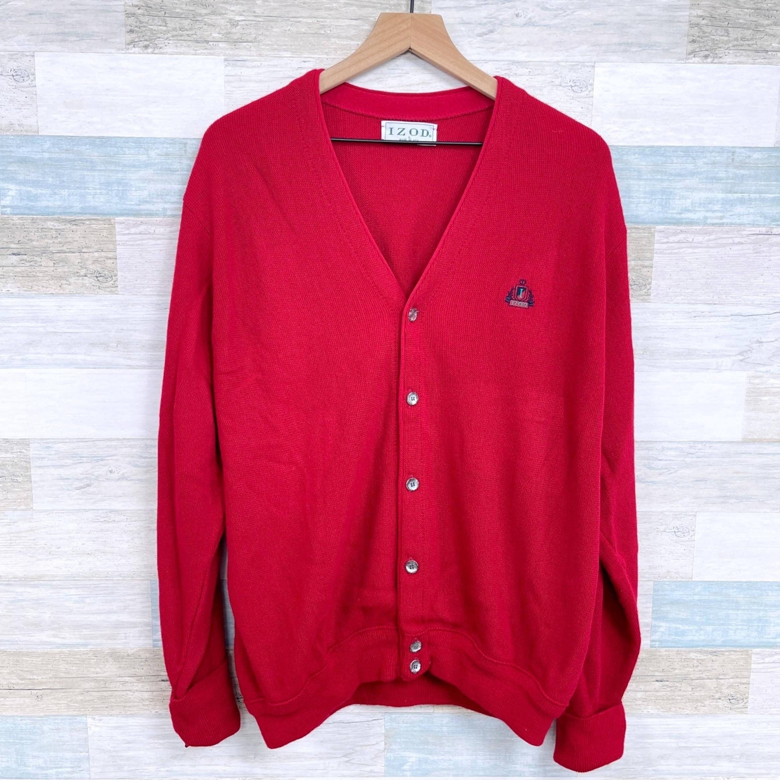 IZOD Vintage Grandpa Cardigan Sweater Red V Neck Button Up USA Made Mens Large