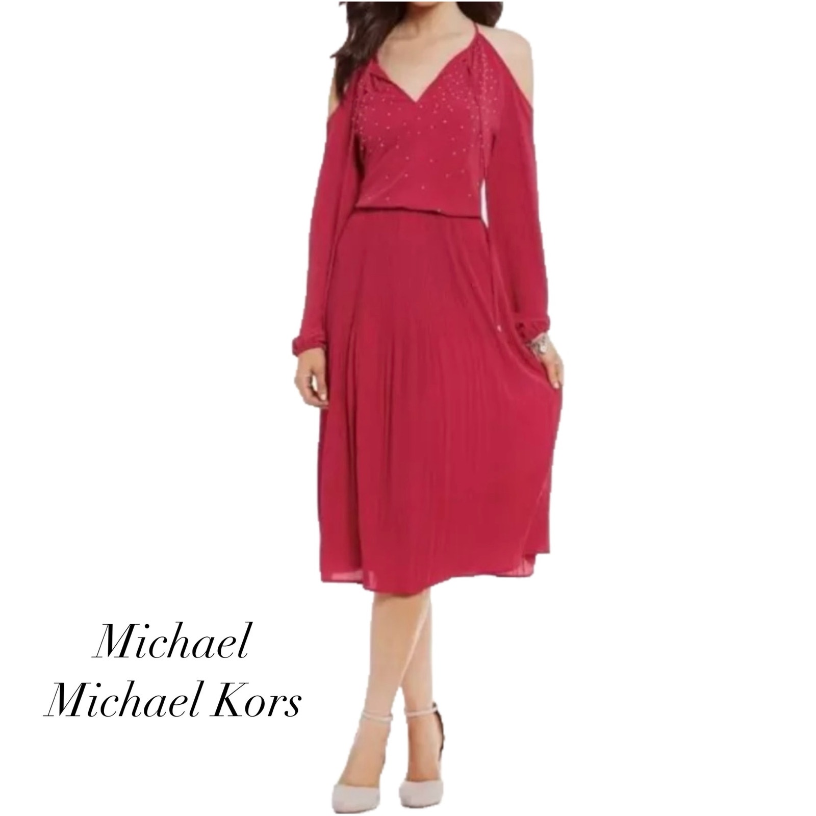 Michael Michael Kors Raspberry Embellish Cold Shoulder Pleated Dress NWT Size S
