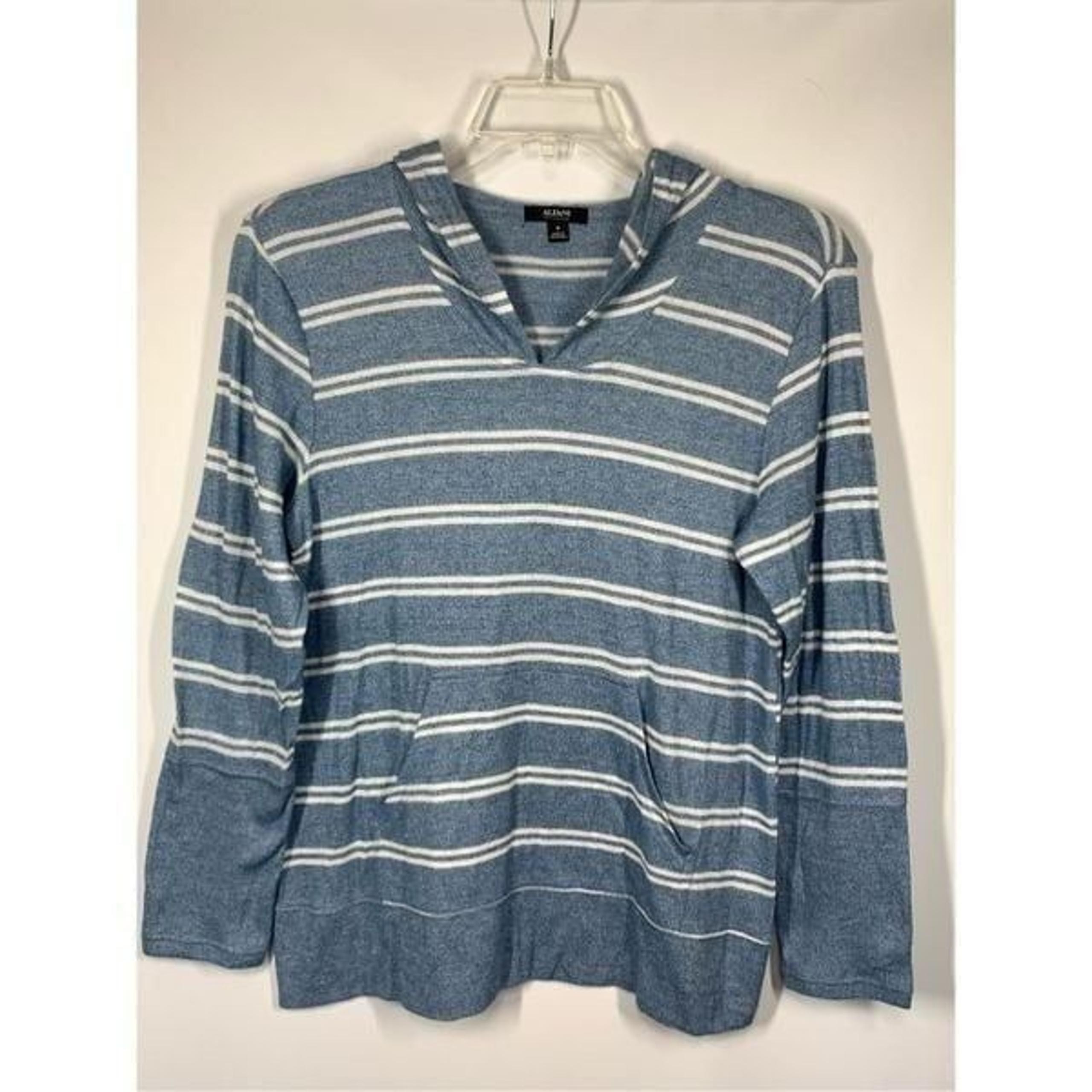 -1. Alfani Intimates Women's Striped Knit Hoodie Pajama Top Blue White Size Medi