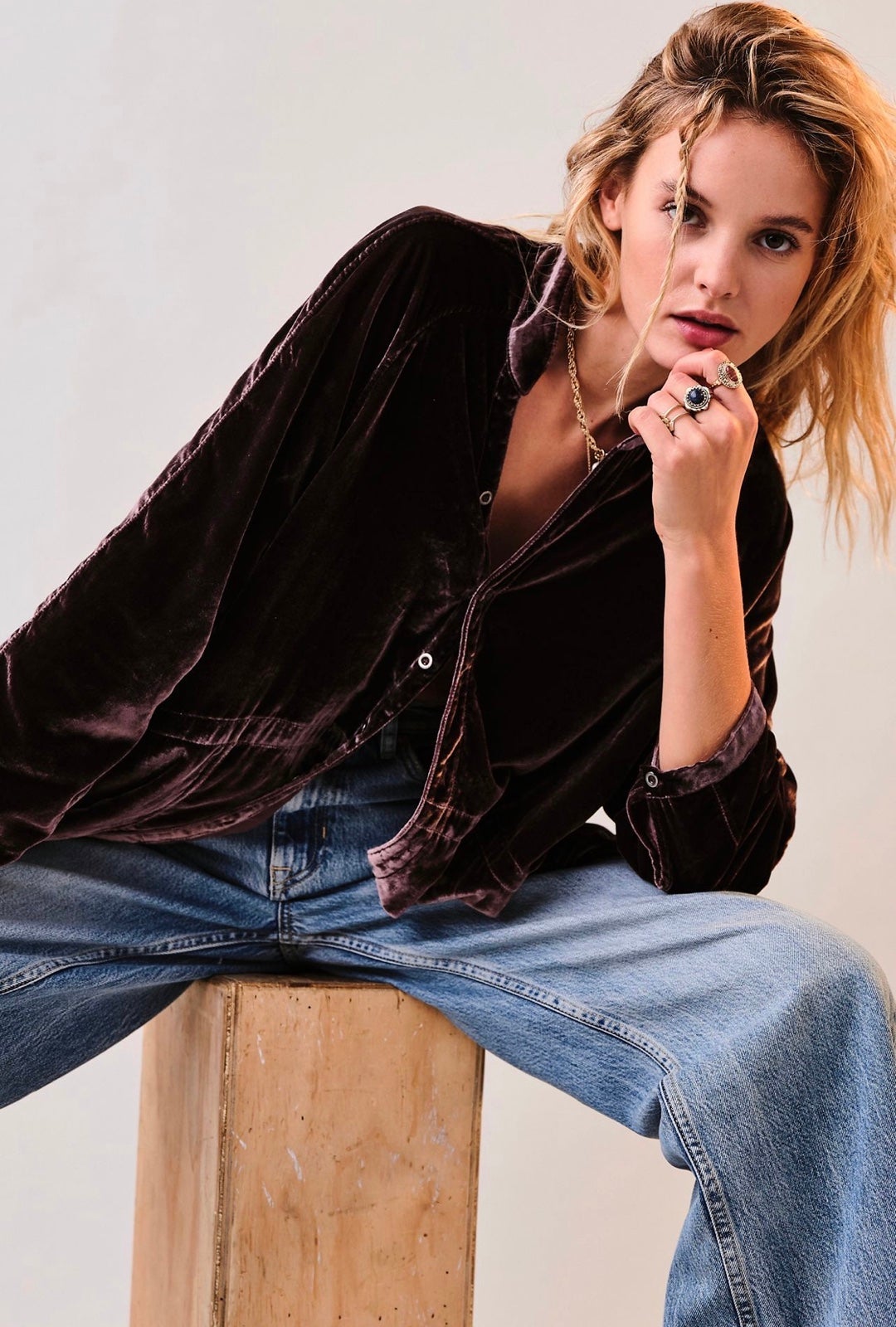 Free People Summer Daydream Velvet Buttondown Sz M Black Raisin