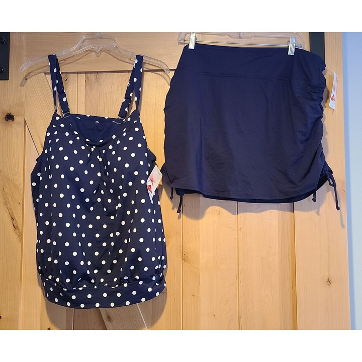 New! Land's End Plus Size 22W Tankini Top & Swim Skirt Blue Polkadot 2 Piece Set