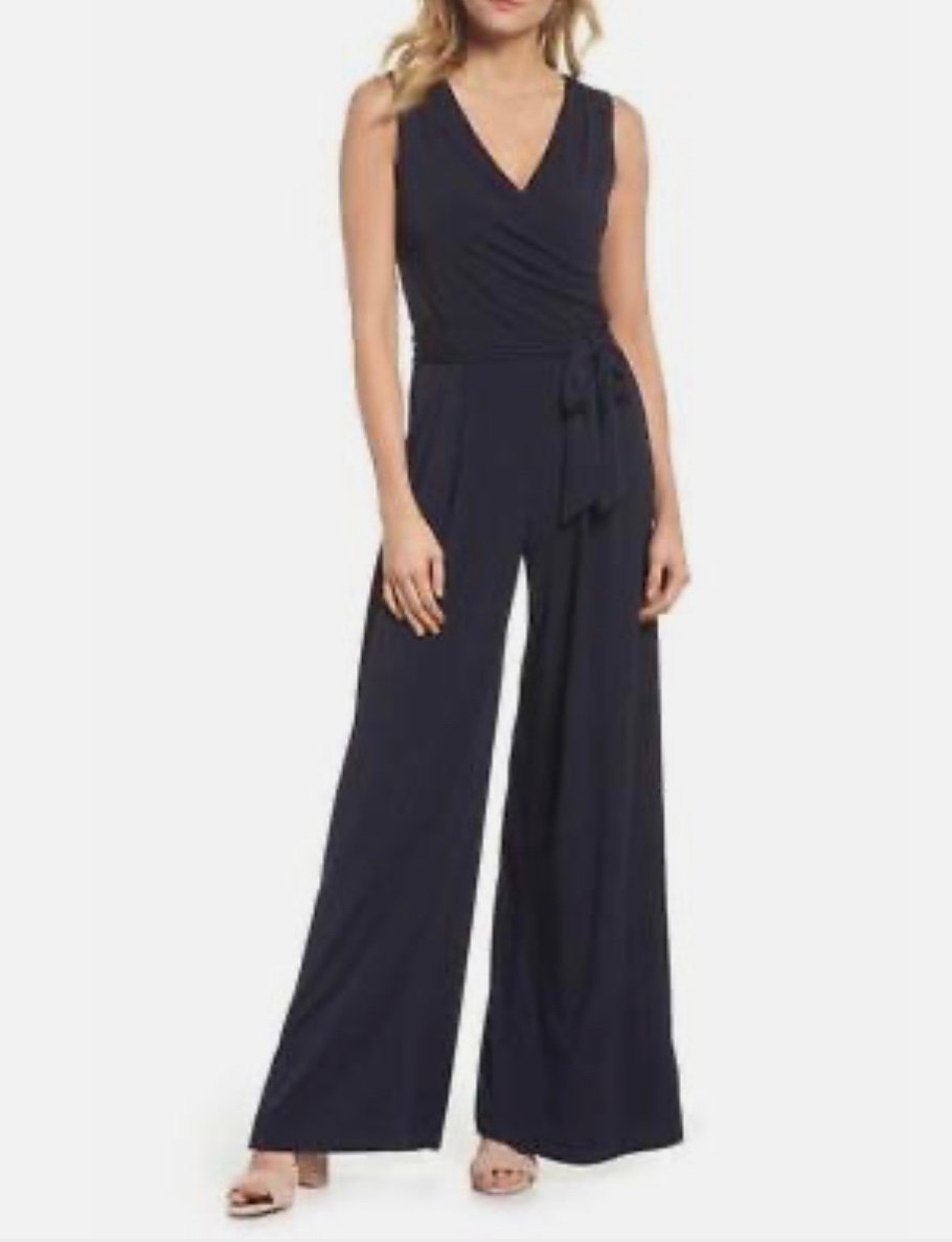 Eliza J navy size large jumpsuit belted cross front