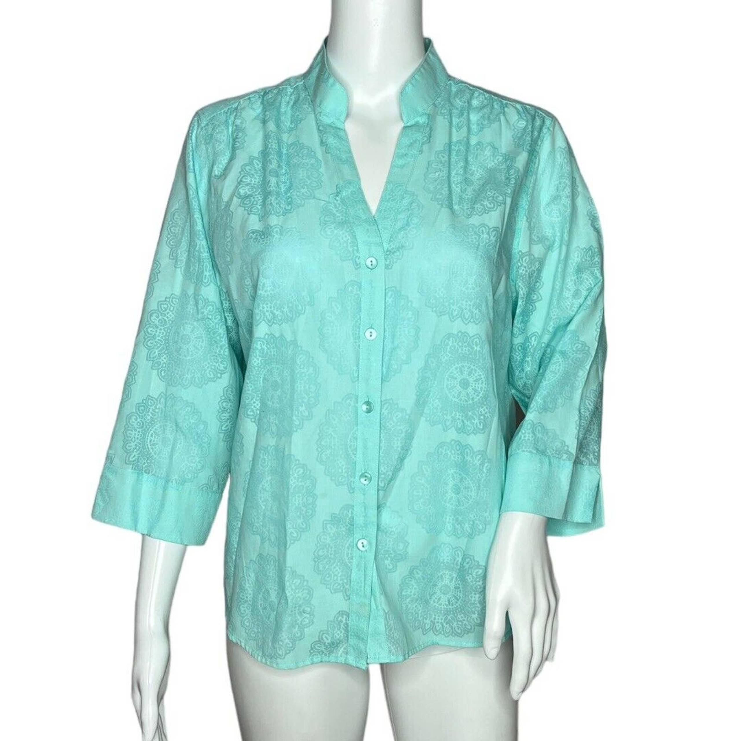 Orvis Blouse Womens Medium Green Blue Aqua Medallion Print Semi Sheer Bohemian
