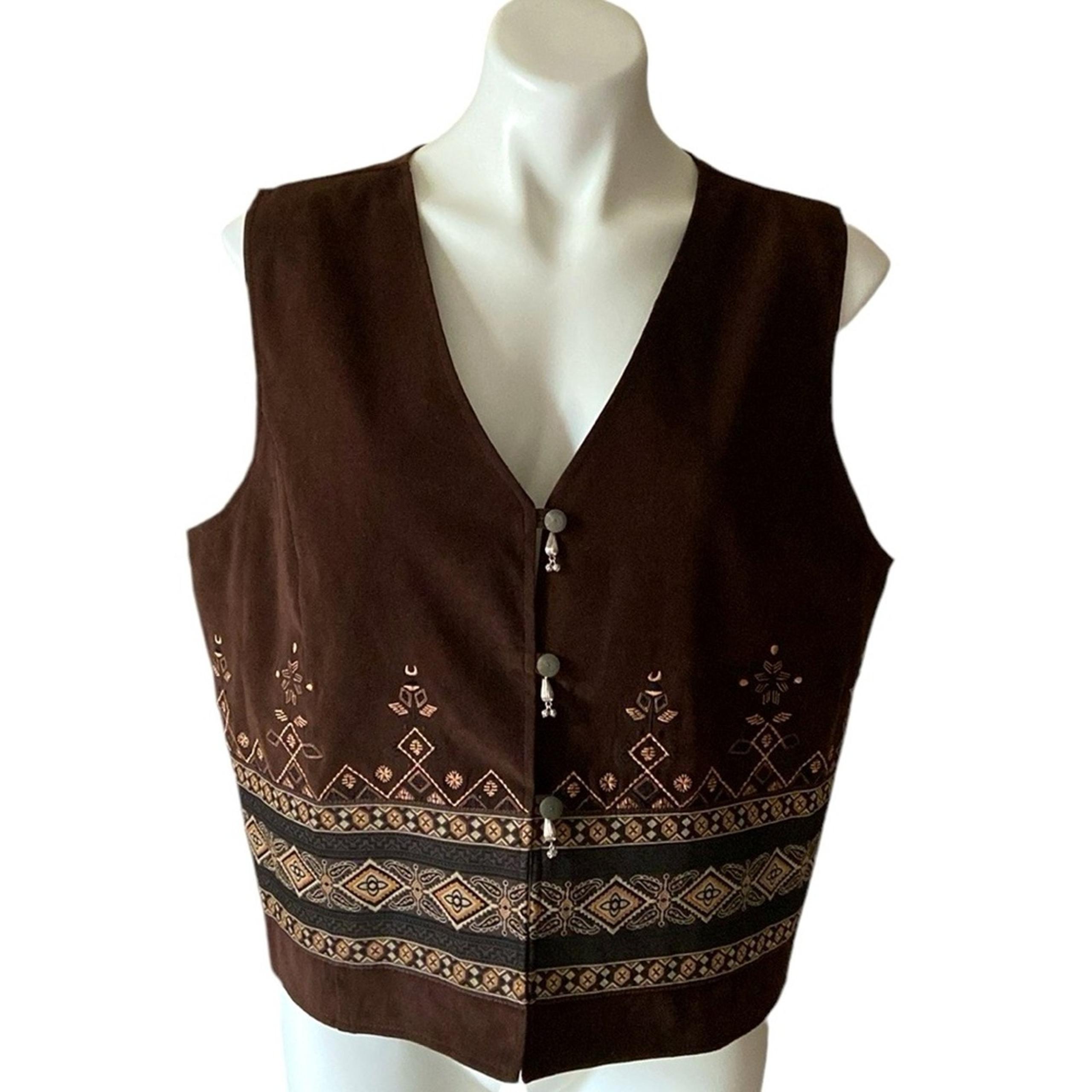 Vintage White Stag Brown Faux Suede Boho Embroidered 70’s Style Casual Vest