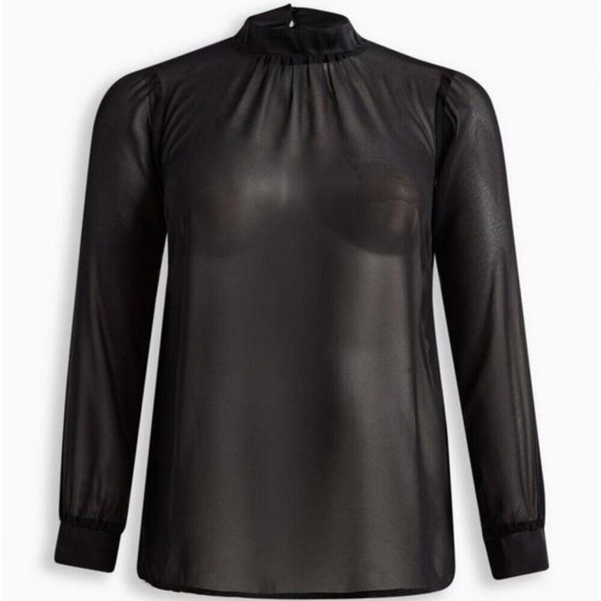 New Women's Black Torrid Size 2 Chiffon Satin Trim Turtleneck Top Long Sleeve