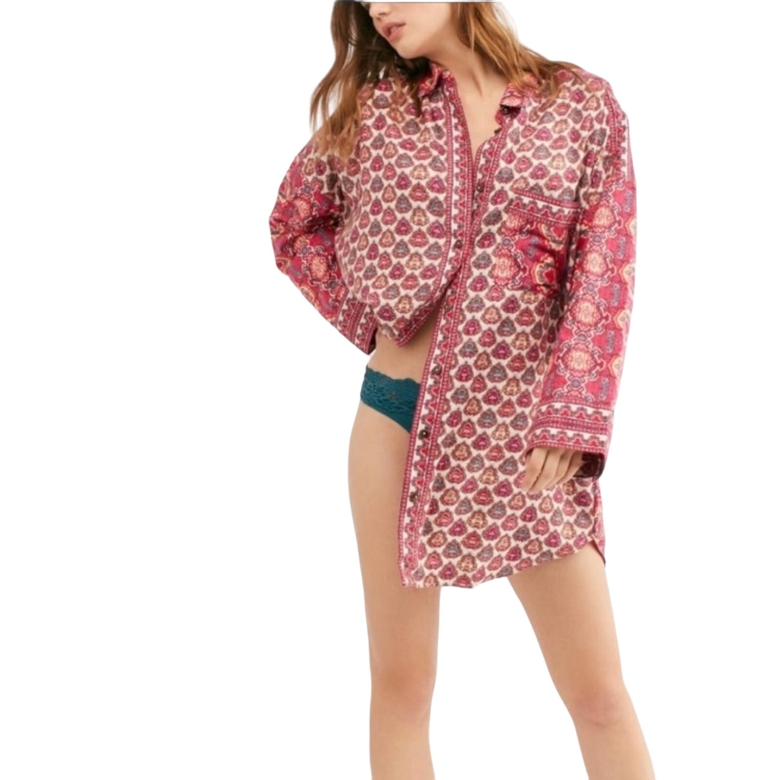 New Free People Happy Holibabe Red Printed Sleep Shirt in Red Combo Size XS