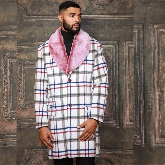 Men's Fashion White Red Navy Plaid Faux Fur Overcoat M, L, XL, 2XL, 3XL, 4XL, 5X