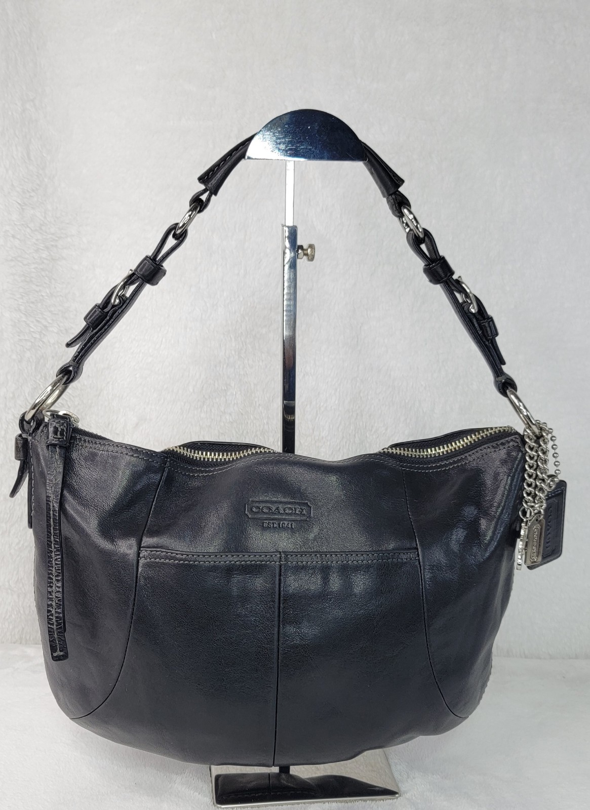 Coach 2008 Soho Black Leather Shoulder Handbag with Stagecoach Bag Charm