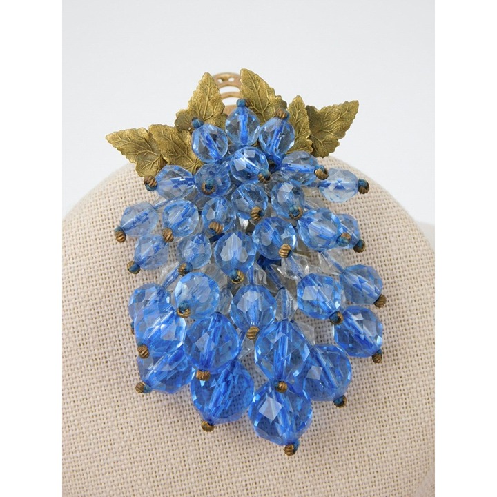 Early Unsigned Miriam Haskell Blue Crystal Dangle Fur Dress Clip Brass Leaves 3