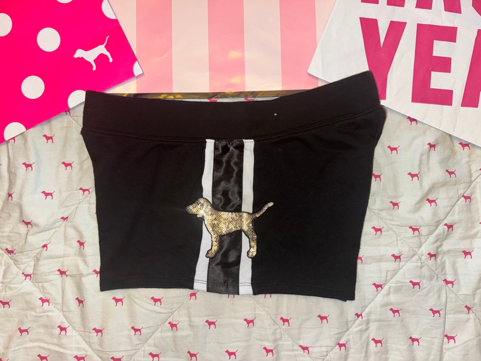 VICTORIA’S SECRET VS PINK SHORTS BLACK COTTON SATIN DOG PUP GOLD BLING LOGO RARE