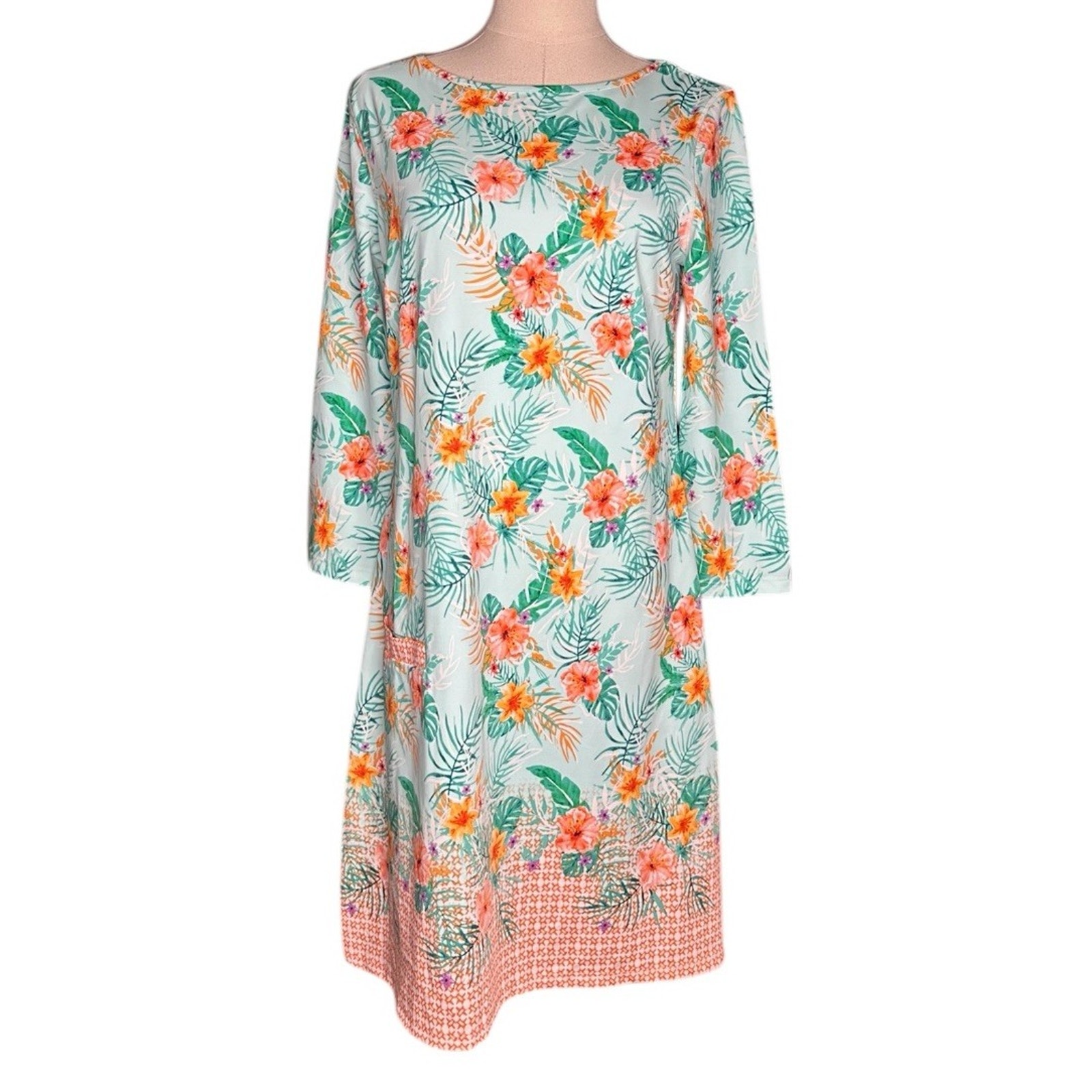 CABANA LIFE Cayman Print 3/4 Sleeve UPF 50 Shift Dress Size M Swim Cover Beach
