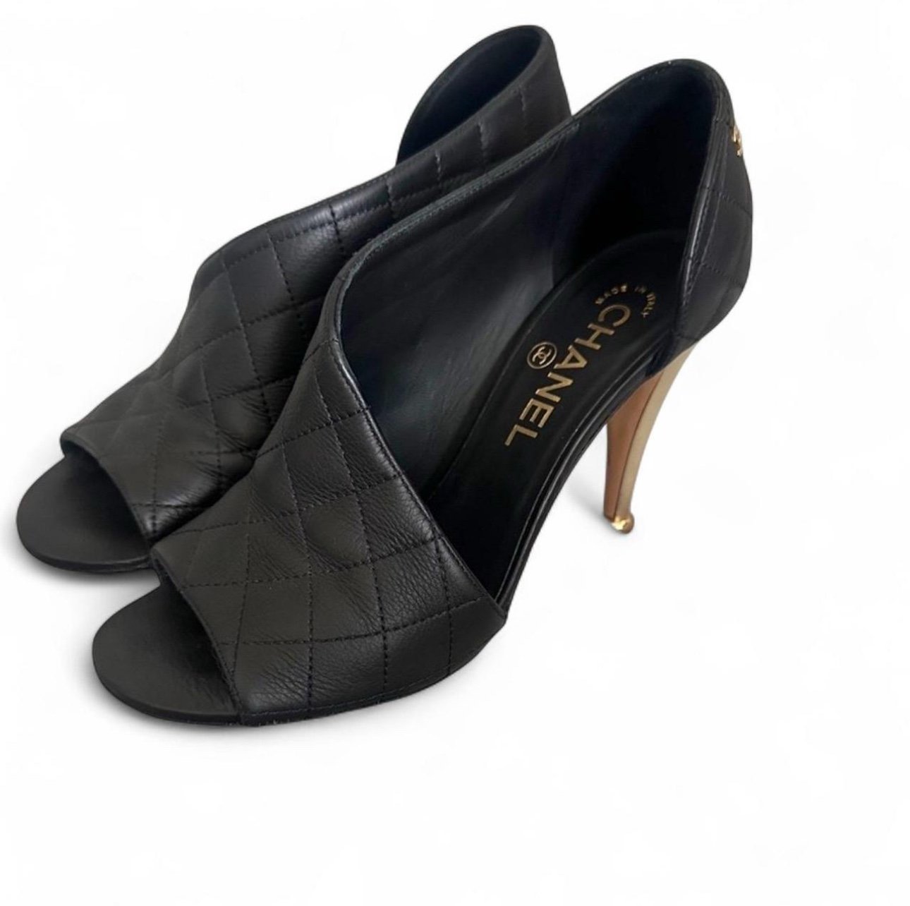 Chanel Logo Black Quilted Matelasse Leather Peep Toe Dorsay Gold High Size 36.5