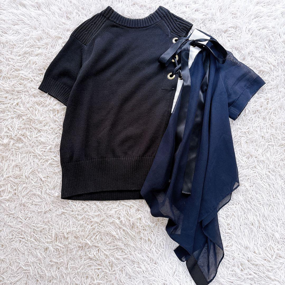 sacai Asymmetrical Half-Sleeve Pullover Sheer Docking Black