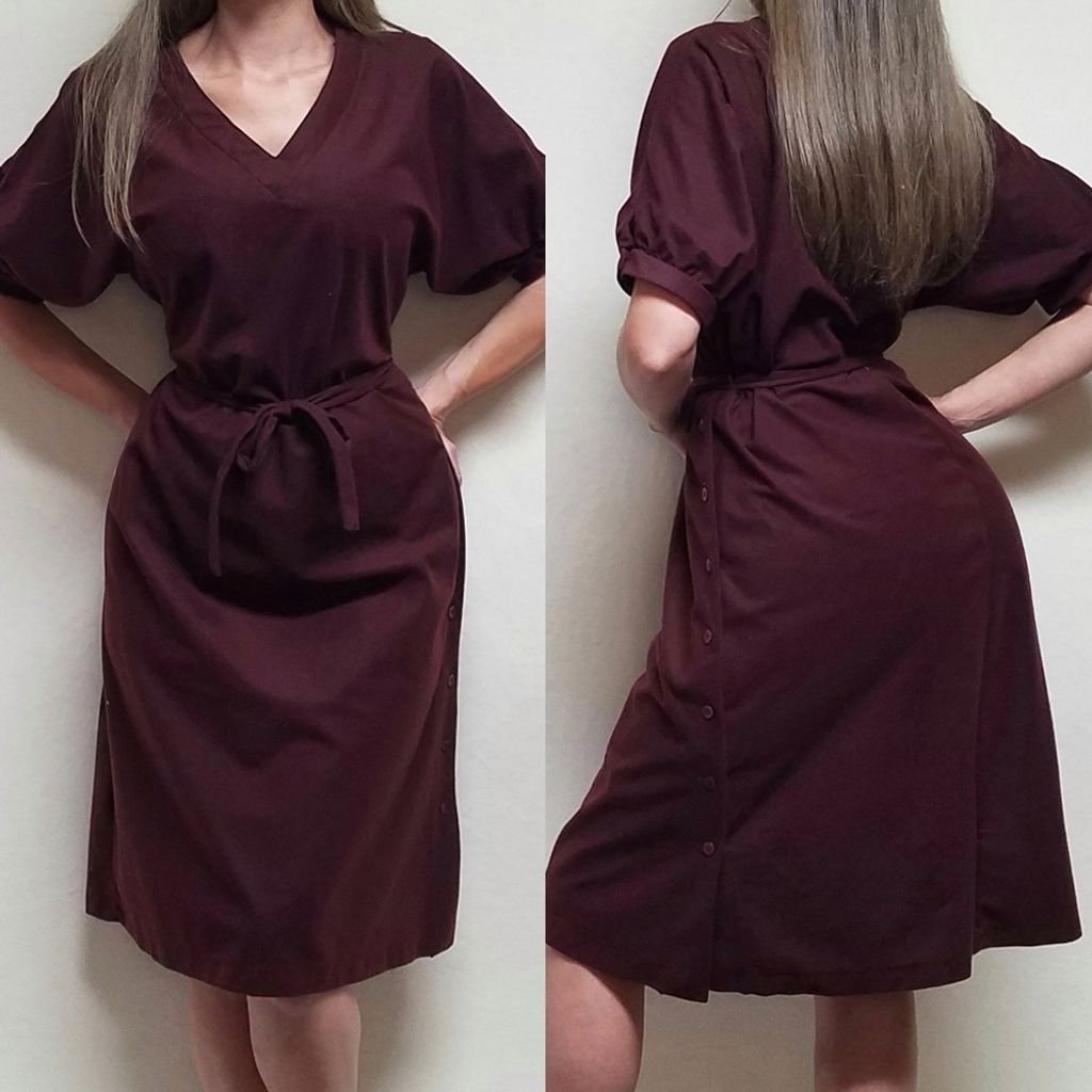 60s Vintage Sears Fashion Mahogany Fleece Batwing Sleeve Tie-Waist Midi Dress
